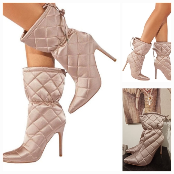 Cape Robbin Shoes - $89 NIB Cape Robbin Makayla Quilted High Heel Boots Nude Beige Satin Womens 11